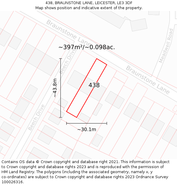 438, BRAUNSTONE LANE, LEICESTER, LE3 3DF: Plot and title map
