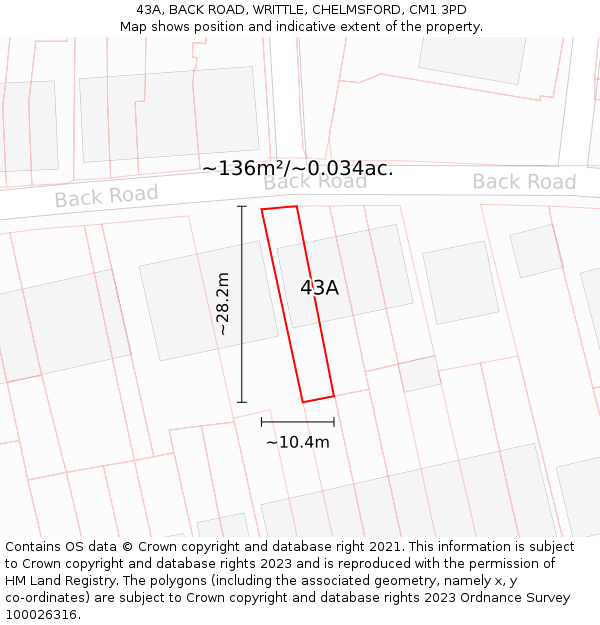 43A, BACK ROAD, WRITTLE, CHELMSFORD, CM1 3PD: Plot and title map