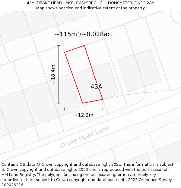 43A, DRAKE HEAD LANE, CONISBROUGH, DONCASTER, DN12 2AA: Plot and title map