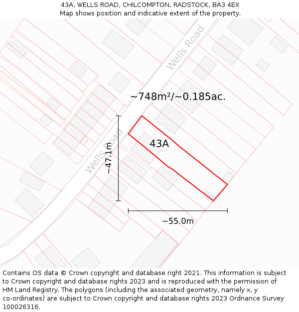 43A, WELLS ROAD, CHILCOMPTON, RADSTOCK, BA3 4EX: Plot and title map