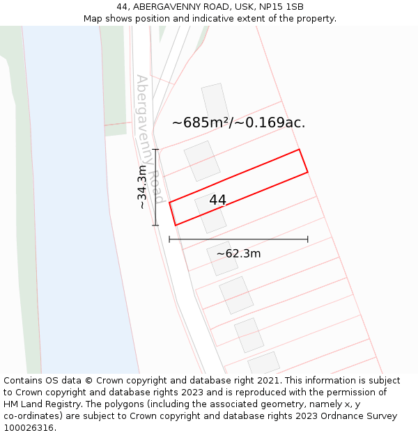 44, ABERGAVENNY ROAD, USK, NP15 1SB: Plot and title map