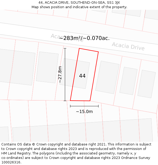 44, ACACIA DRIVE, SOUTHEND-ON-SEA, SS1 3JX: Plot and title map