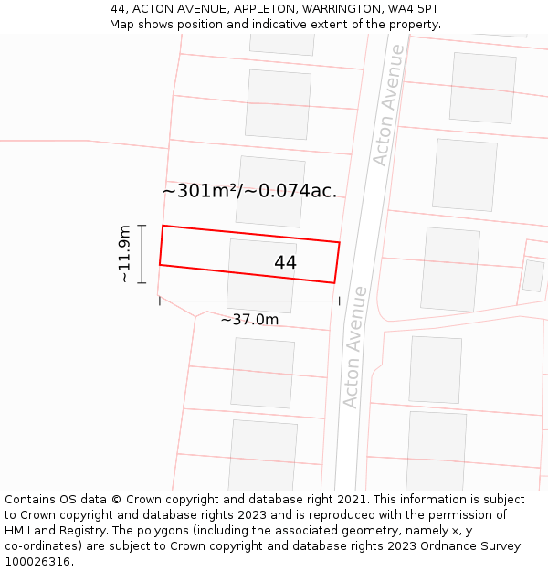 44, ACTON AVENUE, APPLETON, WARRINGTON, WA4 5PT: Plot and title map