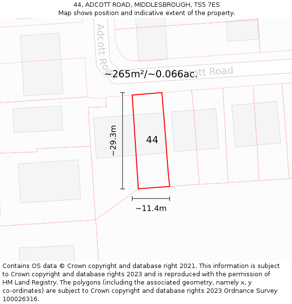 44, ADCOTT ROAD, MIDDLESBROUGH, TS5 7ES: Plot and title map
