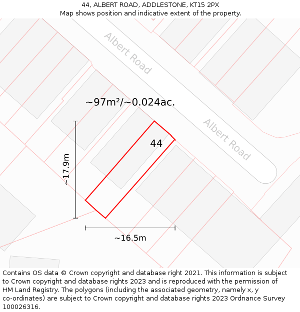 44, ALBERT ROAD, ADDLESTONE, KT15 2PX: Plot and title map