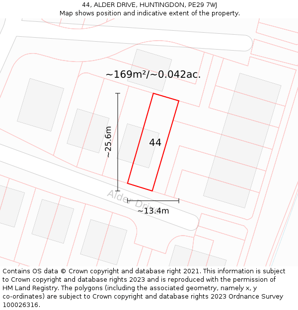 44, ALDER DRIVE, HUNTINGDON, PE29 7WJ: Plot and title map