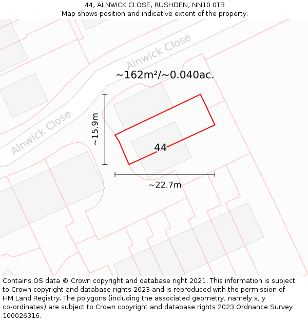 44, ALNWICK CLOSE, RUSHDEN, NN10 0TB: Plot and title map