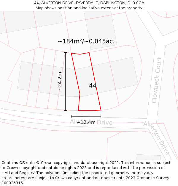 44, ALVERTON DRIVE, FAVERDALE, DARLINGTON, DL3 0GA: Plot and title map
