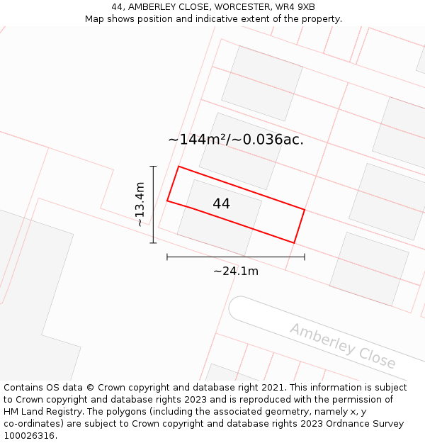 44, AMBERLEY CLOSE, WORCESTER, WR4 9XB: Plot and title map