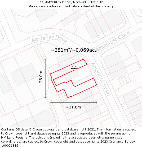 44, AMDERLEY DRIVE, NORWICH, NR4 6HZ: Plot and title map