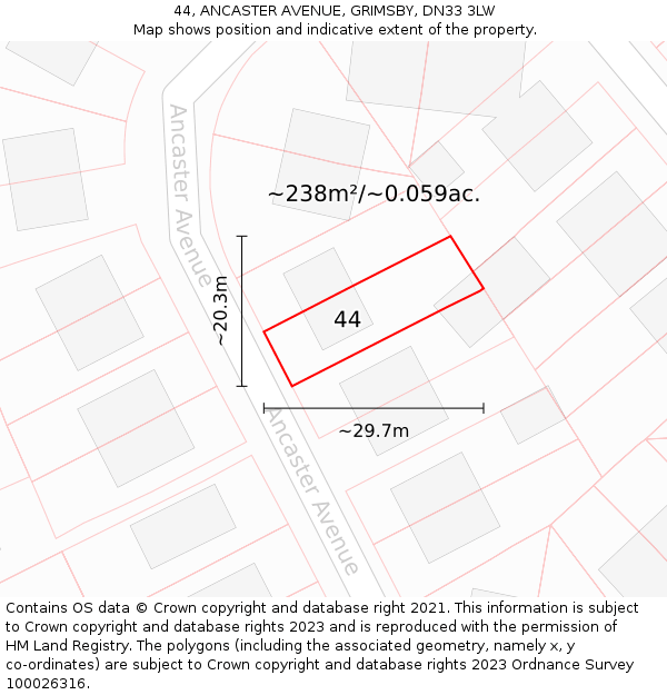 44, ANCASTER AVENUE, GRIMSBY, DN33 3LW: Plot and title map