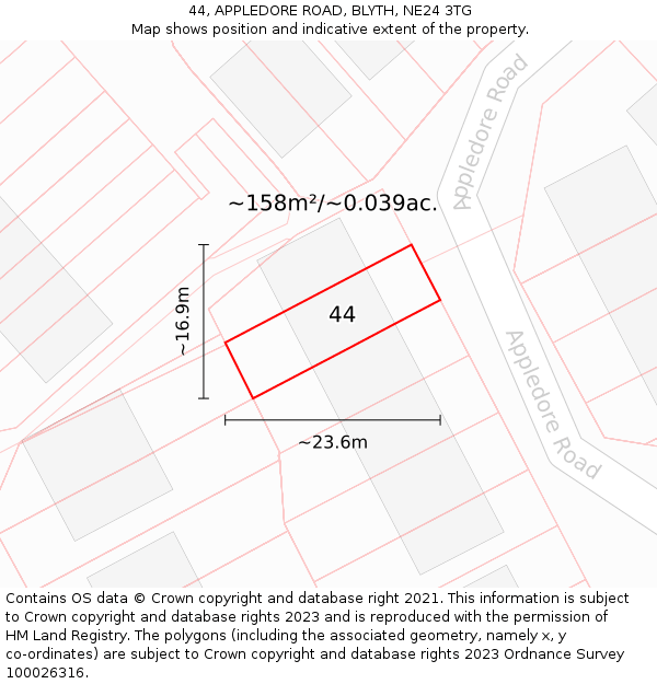 44, APPLEDORE ROAD, BLYTH, NE24 3TG: Plot and title map