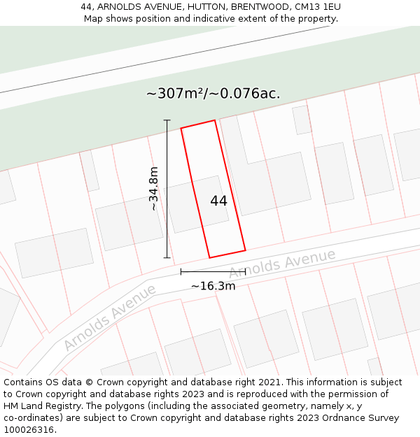44, ARNOLDS AVENUE, HUTTON, BRENTWOOD, CM13 1EU: Plot and title map