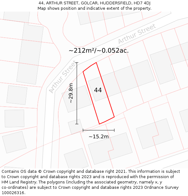 44, ARTHUR STREET, GOLCAR, HUDDERSFIELD, HD7 4DJ: Plot and title map