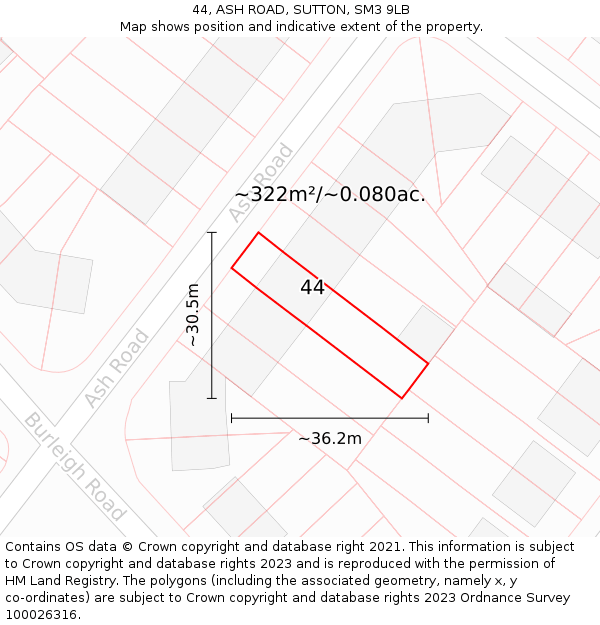 44, ASH ROAD, SUTTON, SM3 9LB: Plot and title map