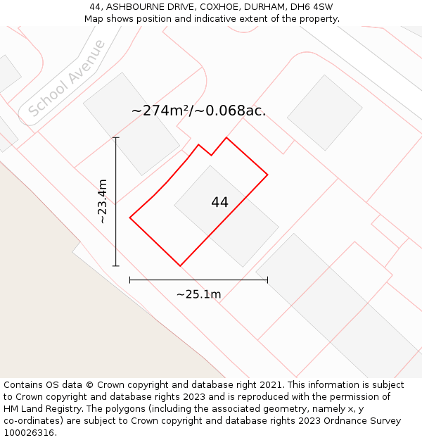 44, ASHBOURNE DRIVE, COXHOE, DURHAM, DH6 4SW: Plot and title map