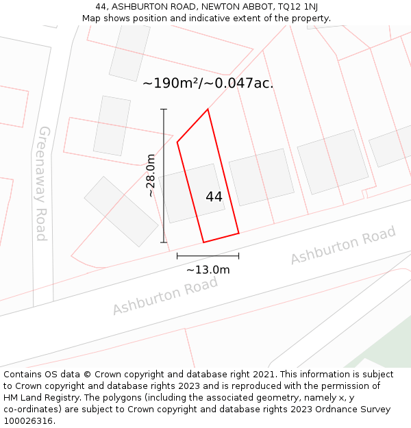 44, ASHBURTON ROAD, NEWTON ABBOT, TQ12 1NJ: Plot and title map