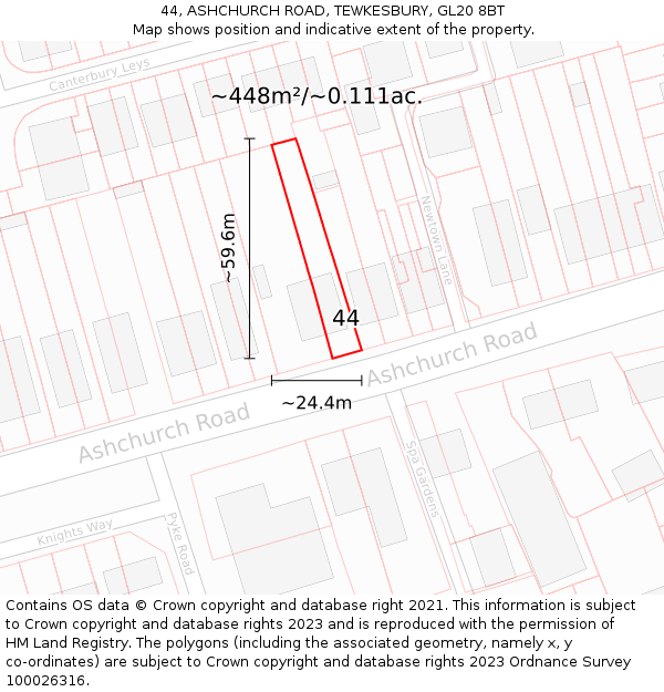 44, ASHCHURCH ROAD, TEWKESBURY, GL20 8BT: Plot and title map