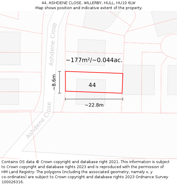 44, ASHDENE CLOSE, WILLERBY, HULL, HU10 6LW: Plot and title map