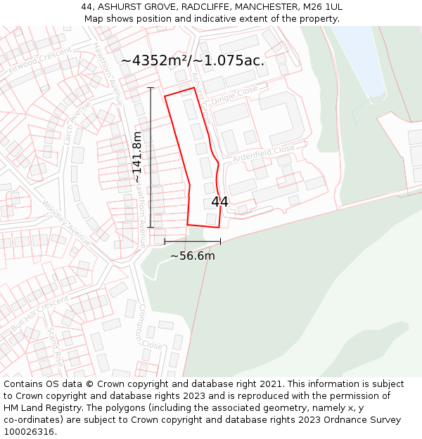 44, ASHURST GROVE, RADCLIFFE, MANCHESTER, M26 1UL: Plot and title map