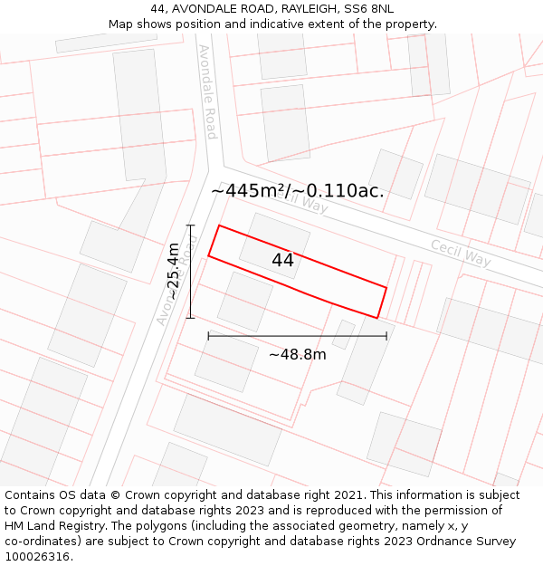 44, AVONDALE ROAD, RAYLEIGH, SS6 8NL: Plot and title map
