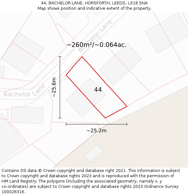 44, BACHELOR LANE, HORSFORTH, LEEDS, LS18 5NA: Plot and title map