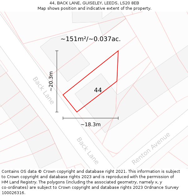 44, BACK LANE, GUISELEY, LEEDS, LS20 8EB: Plot and title map