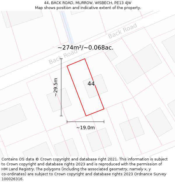 44, BACK ROAD, MURROW, WISBECH, PE13 4JW: Plot and title map