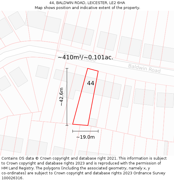 44, BALDWIN ROAD, LEICESTER, LE2 6HA: Plot and title map