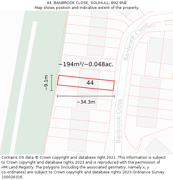 44, BANBROOK CLOSE, SOLIHULL, B92 9NE: Plot and title map