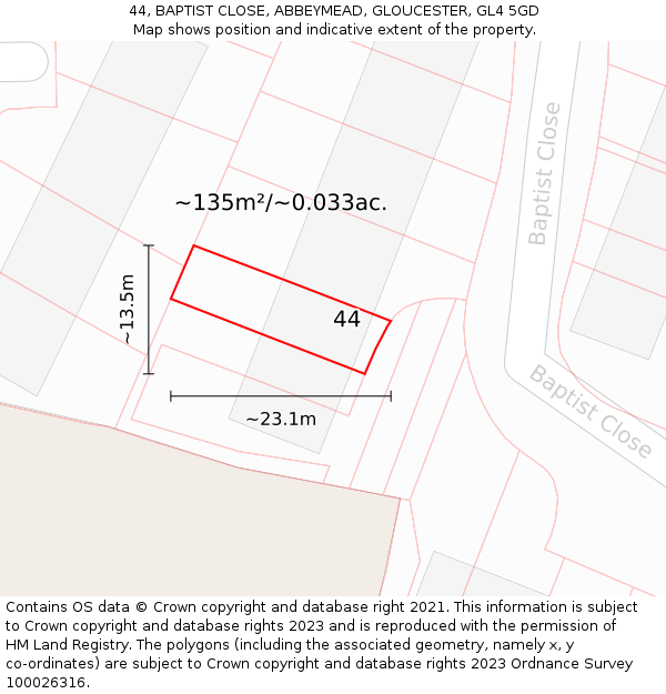 44, BAPTIST CLOSE, ABBEYMEAD, GLOUCESTER, GL4 5GD: Plot and title map