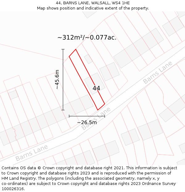 44, BARNS LANE, WALSALL, WS4 1HE: Plot and title map