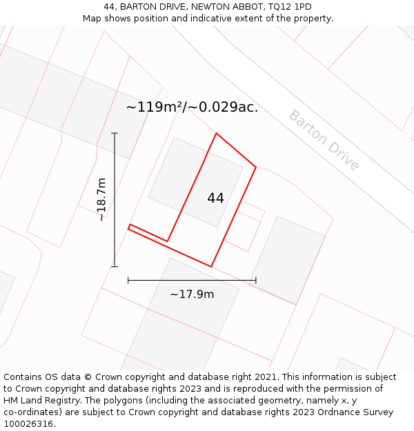 44, BARTON DRIVE, NEWTON ABBOT, TQ12 1PD: Plot and title map