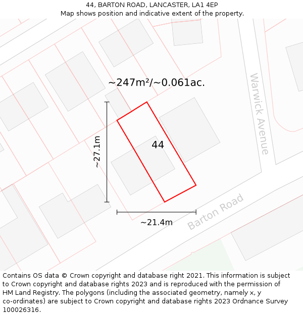 44, BARTON ROAD, LANCASTER, LA1 4EP: Plot and title map