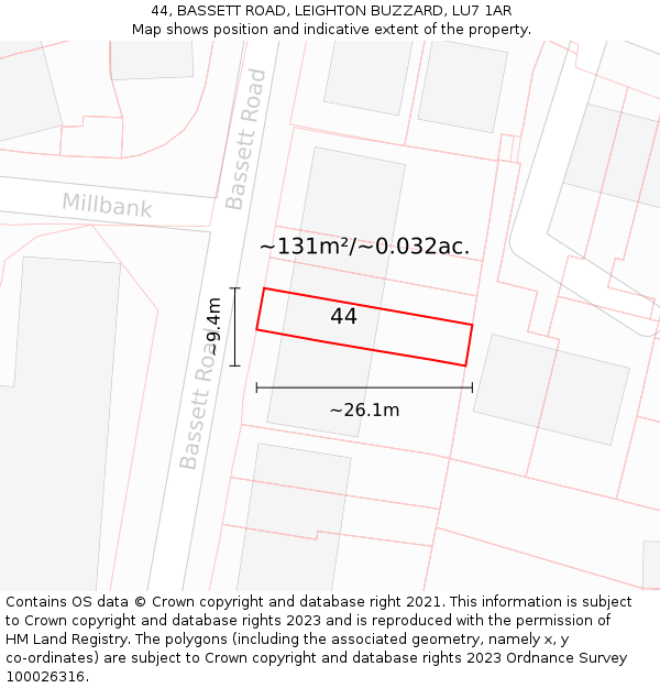 44, BASSETT ROAD, LEIGHTON BUZZARD, LU7 1AR: Plot and title map