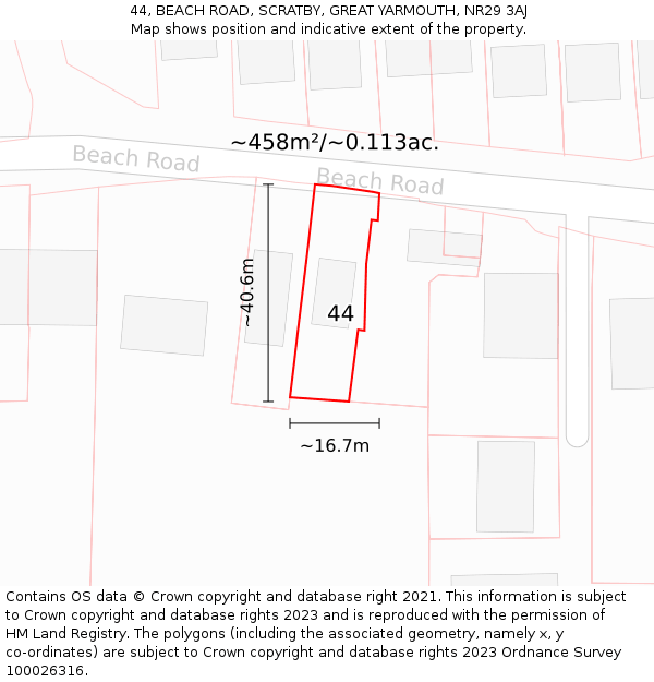 44, BEACH ROAD, SCRATBY, GREAT YARMOUTH, NR29 3AJ: Plot and title map