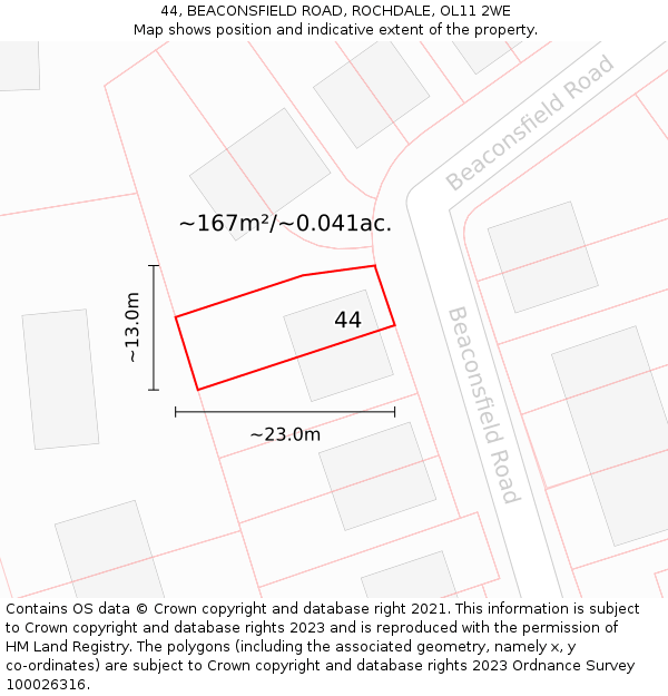 44, BEACONSFIELD ROAD, ROCHDALE, OL11 2WE: Plot and title map