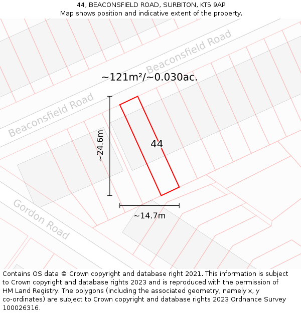 44, BEACONSFIELD ROAD, SURBITON, KT5 9AP: Plot and title map