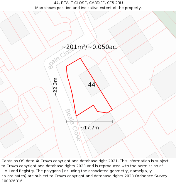 44, BEALE CLOSE, CARDIFF, CF5 2RU: Plot and title map