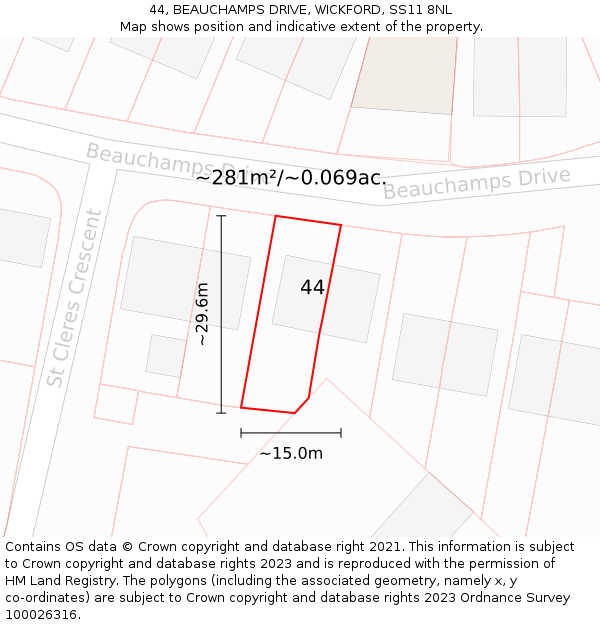 44, BEAUCHAMPS DRIVE, WICKFORD, SS11 8NL: Plot and title map