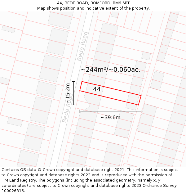 44, BEDE ROAD, ROMFORD, RM6 5RT: Plot and title map