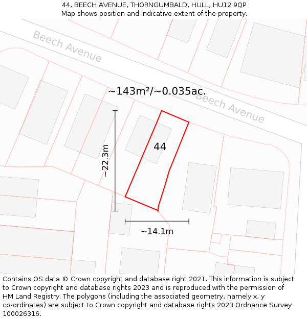 44, BEECH AVENUE, THORNGUMBALD, HULL, HU12 9QP: Plot and title map