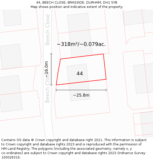 44, BEECH CLOSE, BRASSIDE, DURHAM, DH1 5YB: Plot and title map