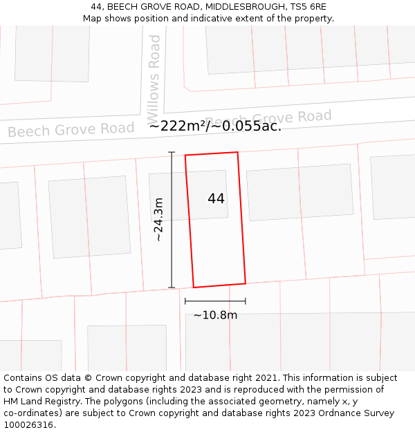 44, BEECH GROVE ROAD, MIDDLESBROUGH, TS5 6RE: Plot and title map