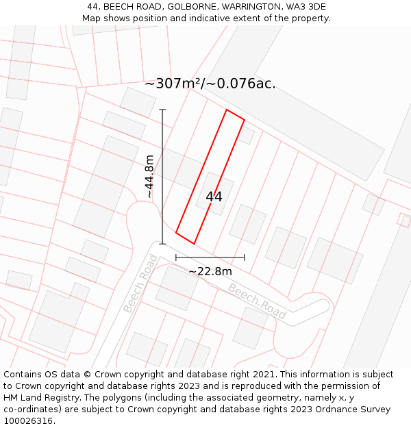 44, BEECH ROAD, GOLBORNE, WARRINGTON, WA3 3DE: Plot and title map