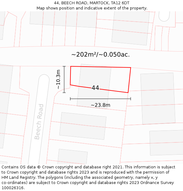 44, BEECH ROAD, MARTOCK, TA12 6DT: Plot and title map