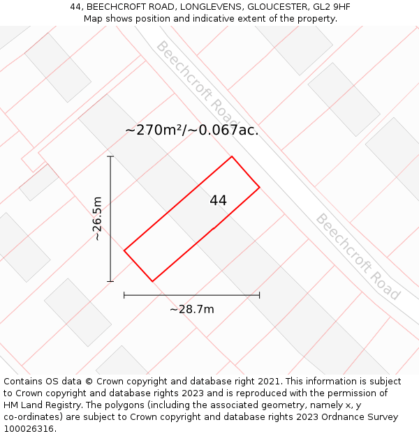 44, BEECHCROFT ROAD, LONGLEVENS, GLOUCESTER, GL2 9HF: Plot and title map
