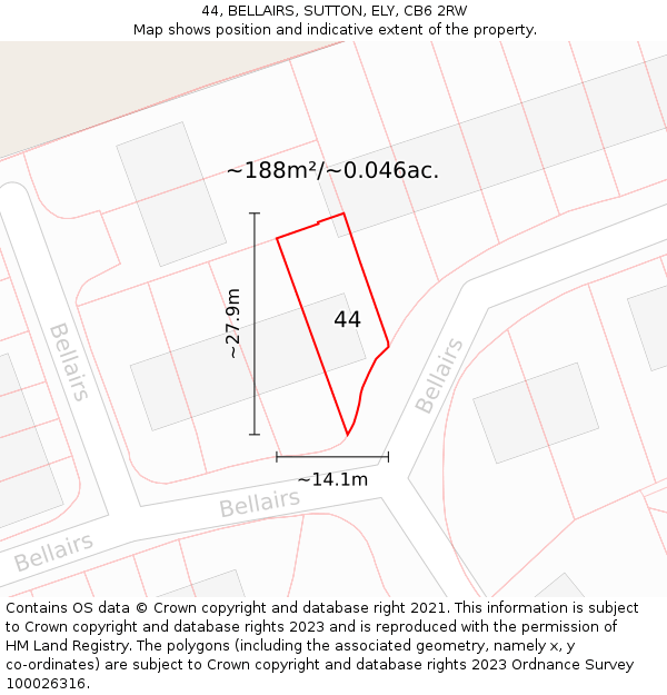 44, BELLAIRS, SUTTON, ELY, CB6 2RW: Plot and title map