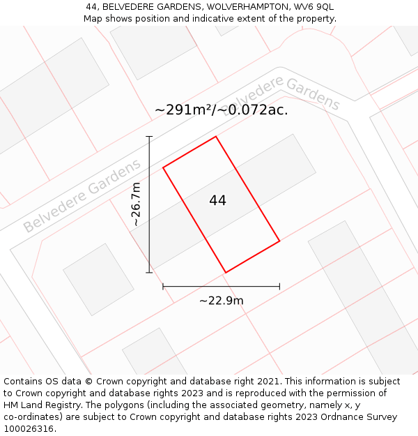 44, BELVEDERE GARDENS, WOLVERHAMPTON, WV6 9QL: Plot and title map