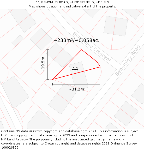 44, BENOMLEY ROAD, HUDDERSFIELD, HD5 8LS: Plot and title map